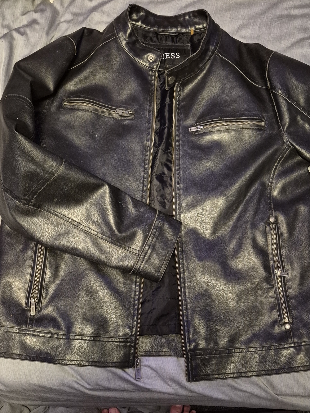 GUESS Black Faux Leather Bomber Jacket with Zip Pockets (Removable Hood Missing)